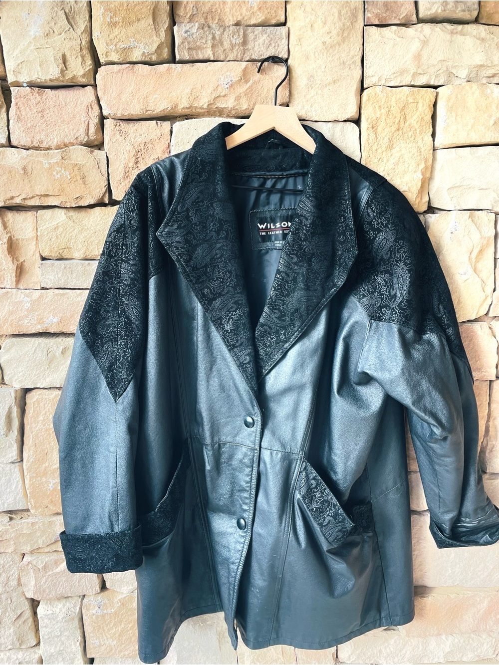 Wilson’s Leather Vintage Women's Black Leather Coat with Suede Paisley Accents